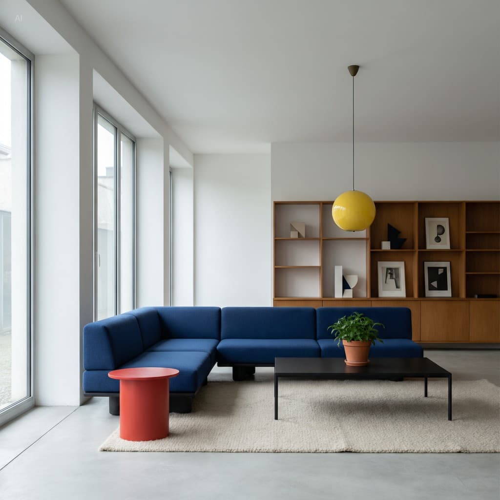 Интерьер в стиле Bauhaus с цветной мебелью и геометрией