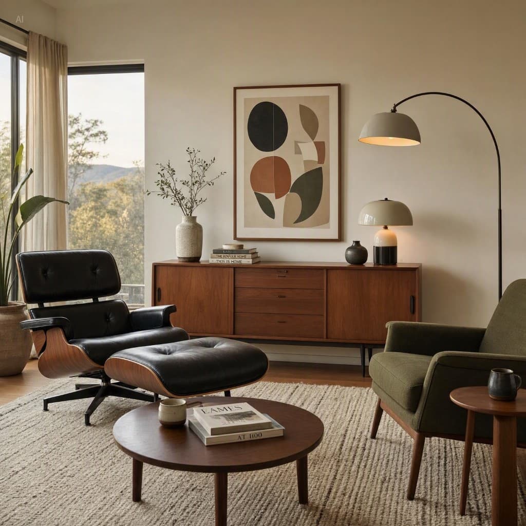 Гостиная в стиле mid-century modern с мебелью из ореха